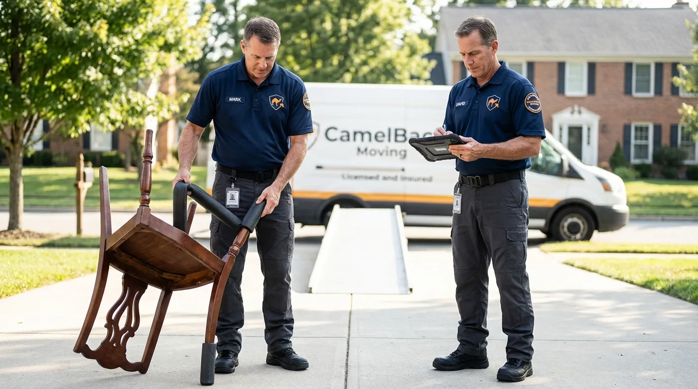 Movers inspecting furniture for damage prevention before loading in Miami Gardens, FL